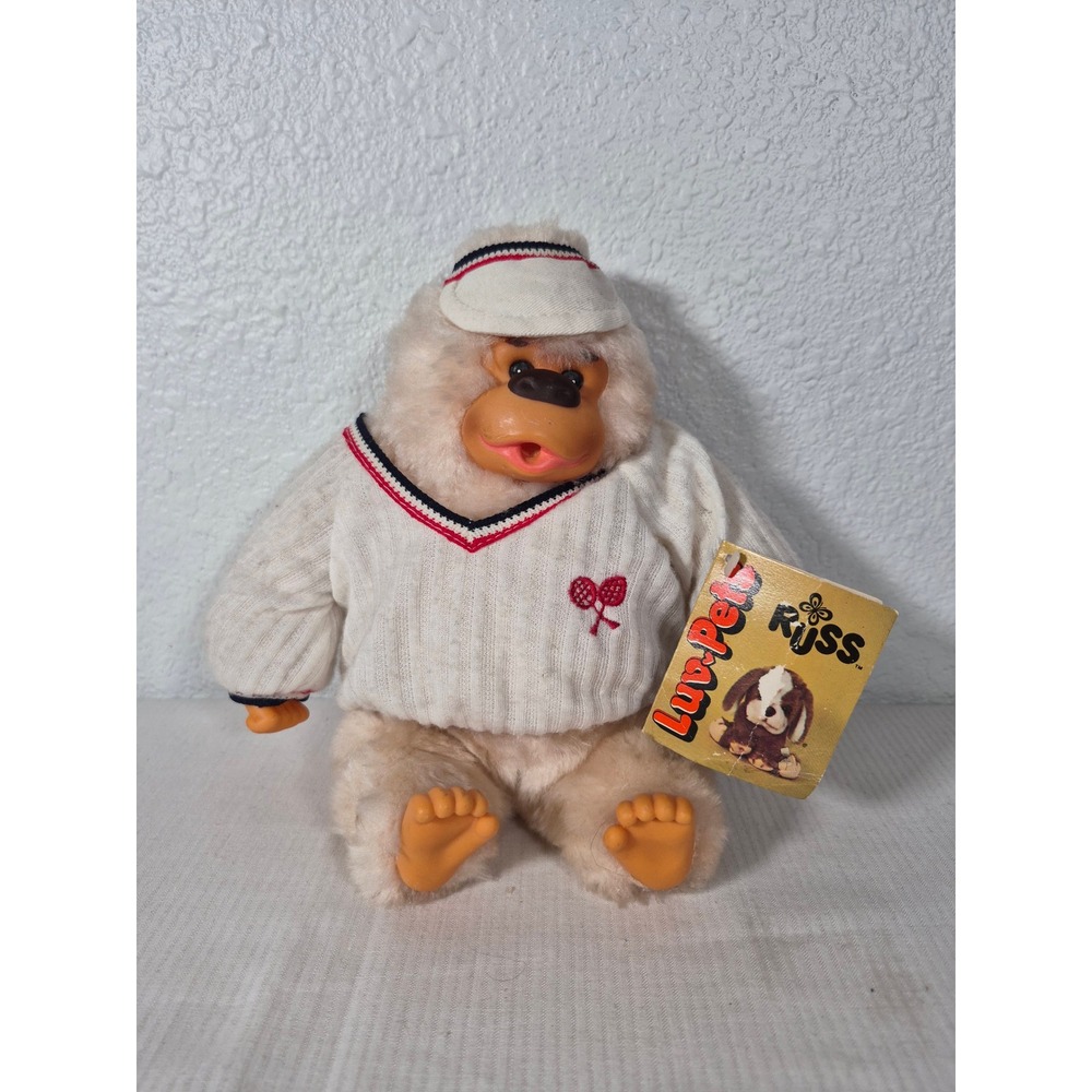 Vtg 8" Russ Berrie Luv-Pets Gonga Gorilla Plush Tennis Sweater Visor Cream 8"